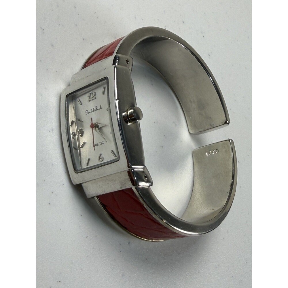 Peck & Peck Red Cuff Bangle Quartz Watch 21mm Silver Tone